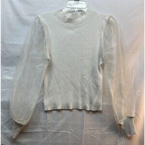 Sweet Republic Women S Ivory Ribbed Knit Sweater, Sheer, Organza Puff Sleeve
